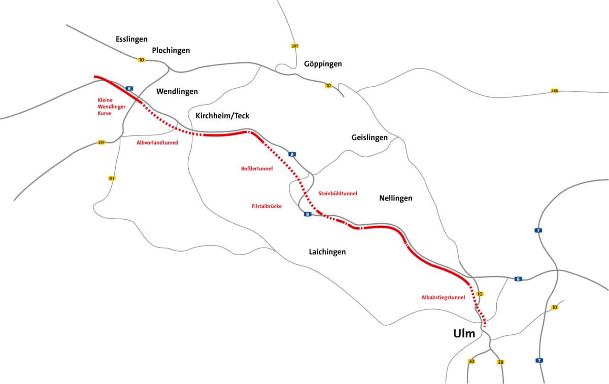 Der Albvorlandtunnel beginnt auf Höhe von Wendlingen am Neckar. Der Tunnel passiert Kirchheim/Teck und stößt kurz vor Jesing wieder an die Oberfläche. Er liegt durchgehend südlich der Autobahn.